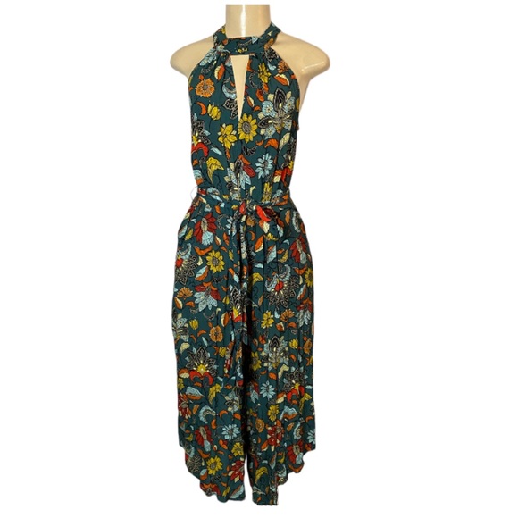 Anthropologie Geneva Halter Wide-Leg Jumpsuit Small Teal Green Floral Paisley - Picture 2 of 10
